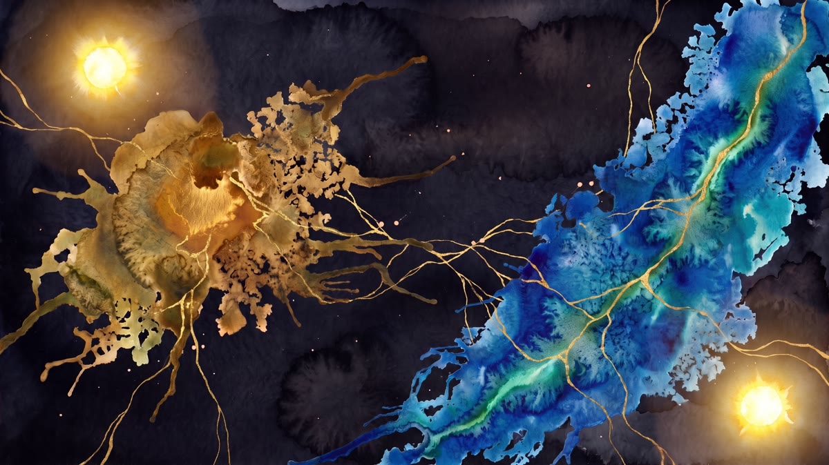 Two worlds painted in gold and blue under two yellow suns